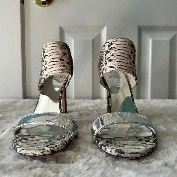 Stuart Weitzman Snakeskin & Silver Chic Strappy Heels | Size 9.5 - Picture 2 of 6